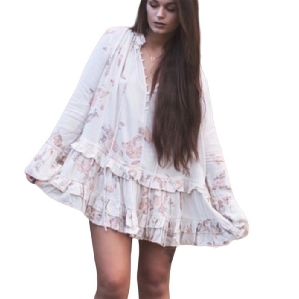 Free People Floral Ruffle Tunic Top with Bell Sleeves